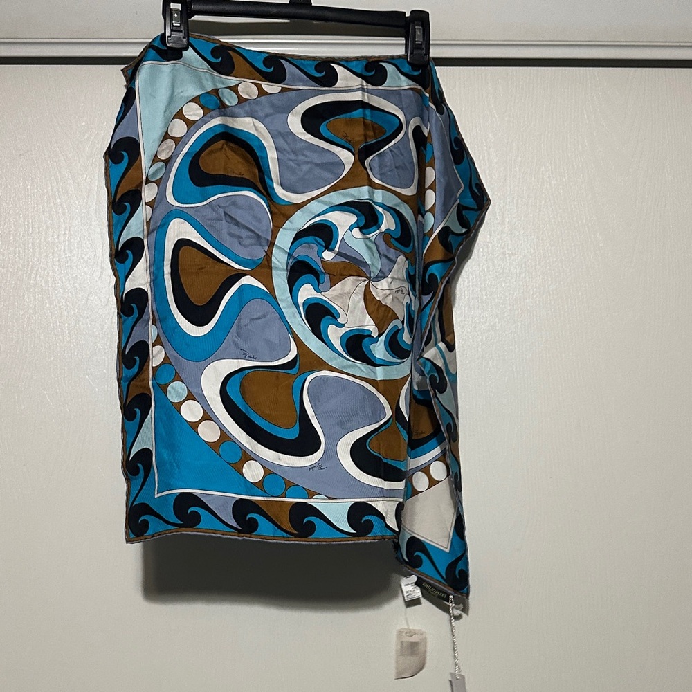 🆕Emilio Pucci Blue, Turquoise & Brown Swirl Print Silk Scarf - Picture 9 of 16